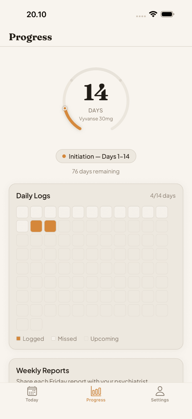 Calibrate medication tracking app showing a progress screen