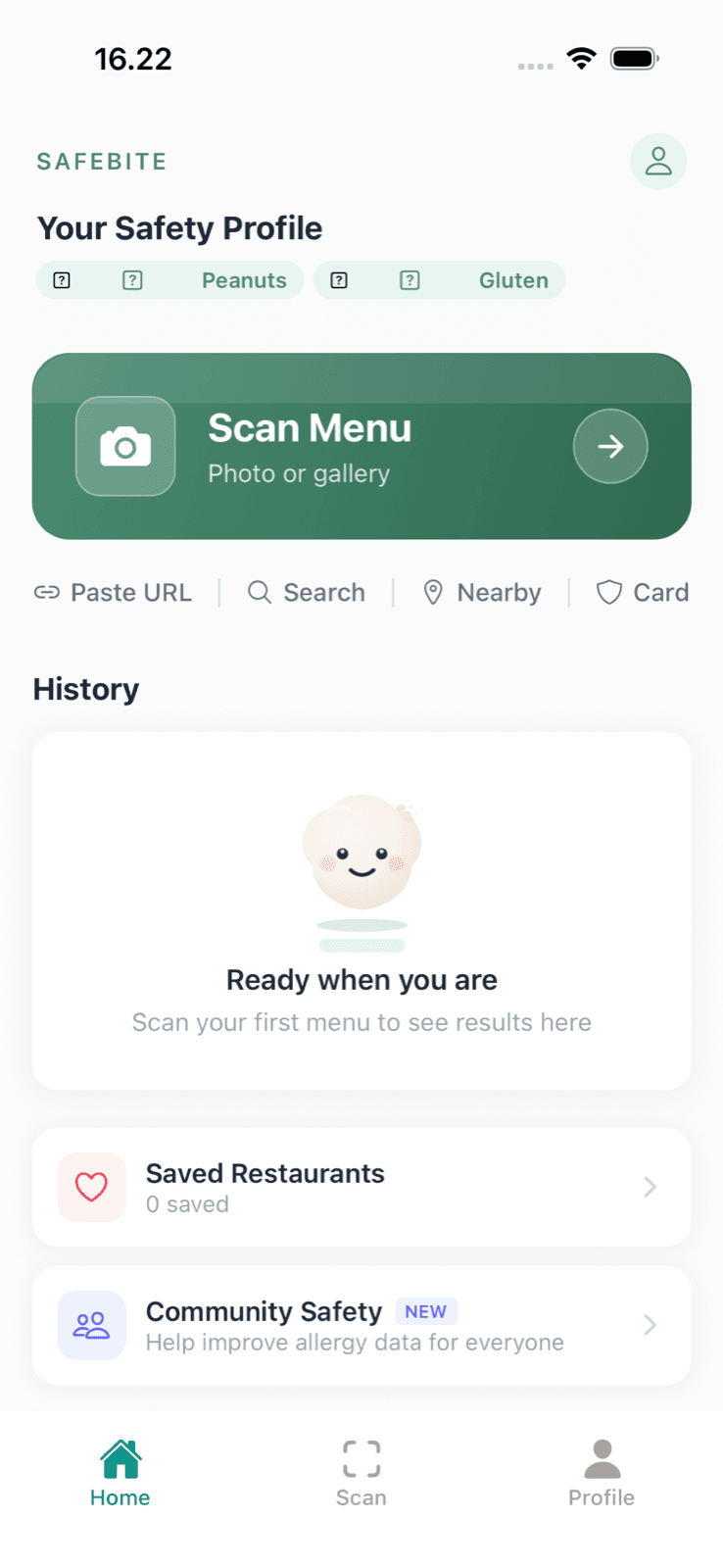 SafeBite allergy safety home screen